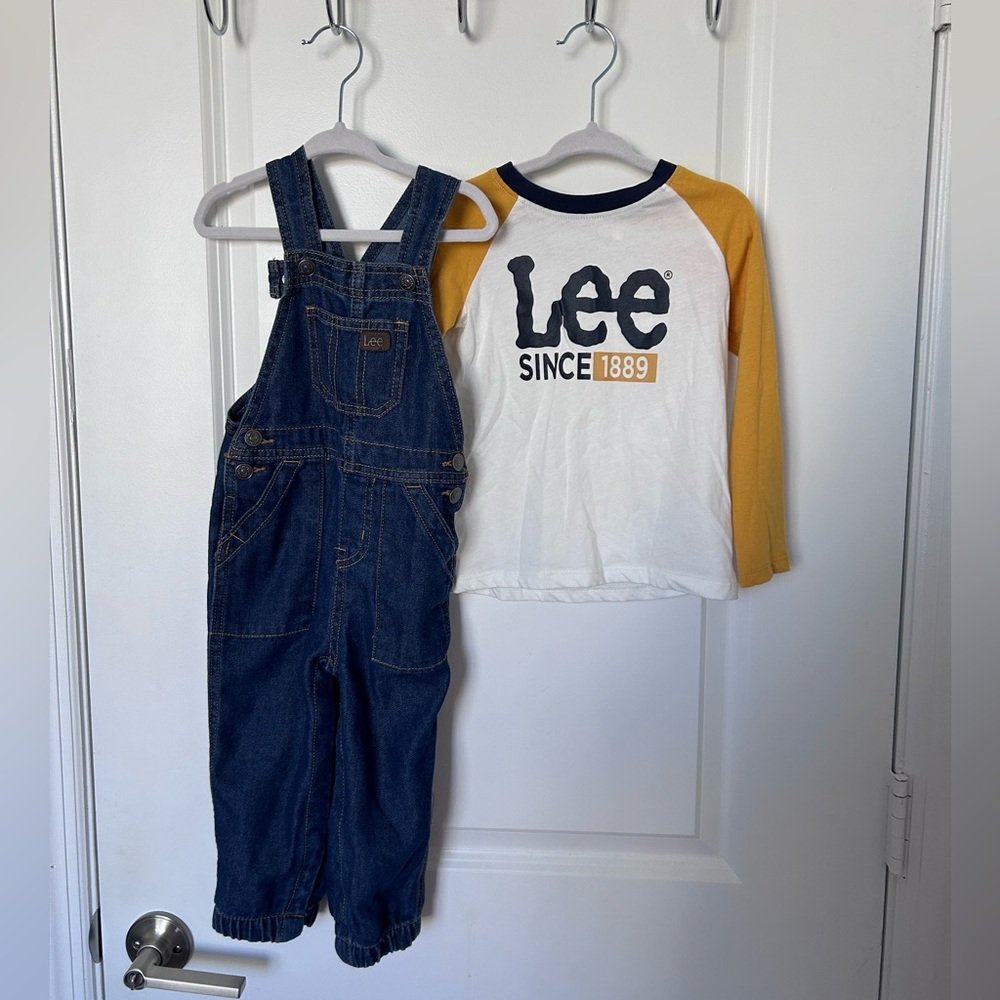 Lee Blue Denim Overalls with White and Mustard Raglan Shirt